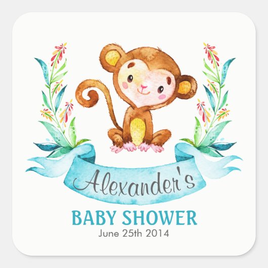 Sticker Carré Baby shower de singe d'aquarelle (Devant)
