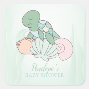 Sticker Carré Baby shower de tortue de mer douce