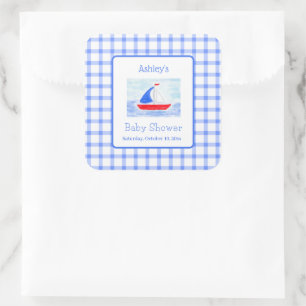 Sticker Carré Baby shower de vérification bleu bateau à voile Wa