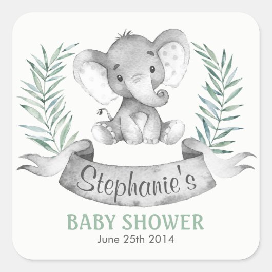 Sticker Carré Baby shower d'éléphant aquarelle (Devant)