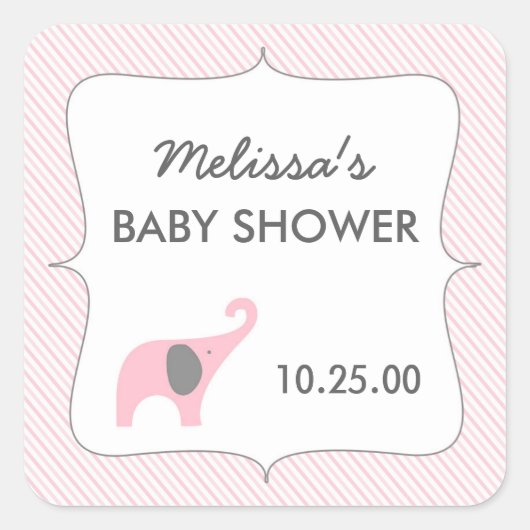 Sticker Carré Baby shower d'éléphant gris rose favoriser autocol (Devant)