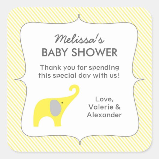 Sticker Carré Baby shower d'éléphant jaune grâce merci (Devant)