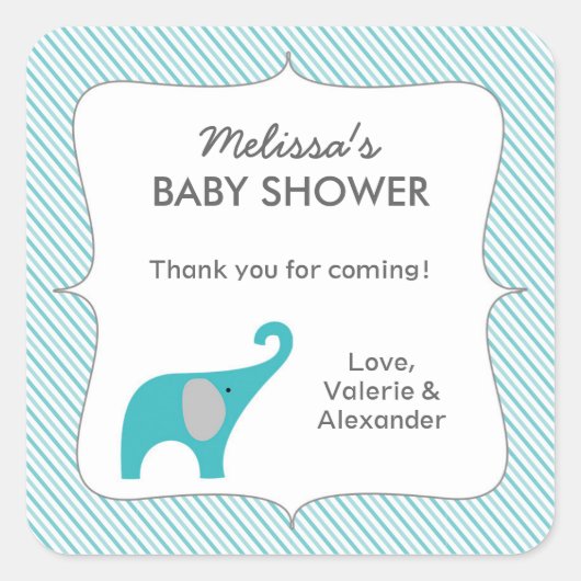 Sticker Carré Baby shower d'éléphant turquoise merci (Devant)