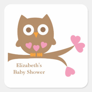 Sticker Carré Baby shower d'enveloppe de Chouette rose