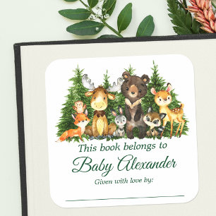 Sticker Carré Baby shower des animaux forestiers de bois Étiquet