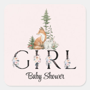 Sticker Carré Baby shower des filles des animaux des bois