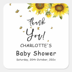 Sticker Carré Baby shower des tournesols et papillons d'aquarell