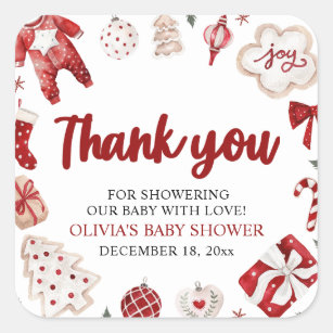Sticker Carré Baby shower d'hiver de Noël rouge pâle
