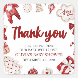 Sticker Carré Baby shower d'hiver de Noël rouge pâle