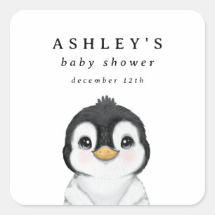 Sticker Carré Baby shower d'hiver de Pingouin mignon
