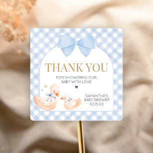 Sticker Carré Baby Shower Dindon Fou Gingham Bleu
