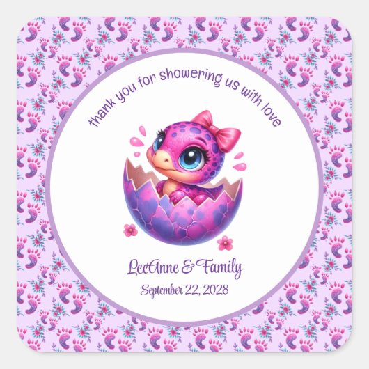 Sticker Carré baby shower Dinosaur "Hatching Bientôt" (Devant)