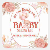 Sticker Carré Baby shower d'ours blanc et rose (Devant)