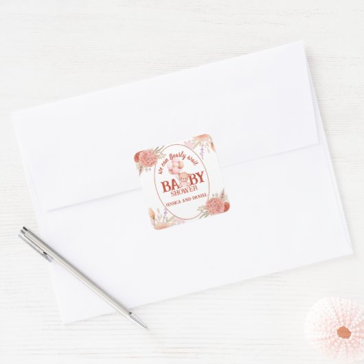 Sticker Carré Baby shower d'ours blanc et rose (Enveloppe)