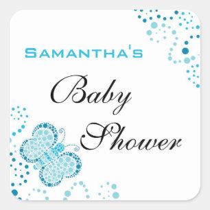 Sticker Carré Baby shower élégant de papillon bleu et blanc