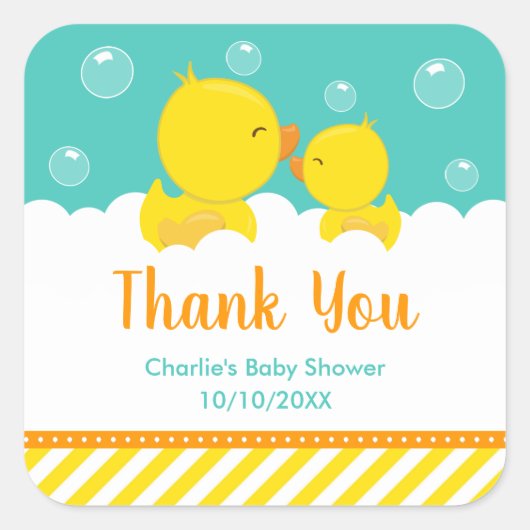 Sticker Carré Baby shower en caoutchouc Ducky Jaune Merci vert (Devant)