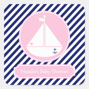 Sticker Carré Baby shower en voilier bleu et rose