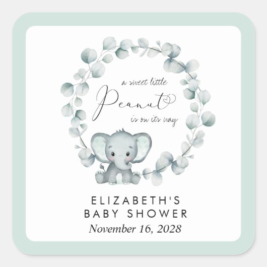Sticker Carré Baby shower Eucalyptus Eléphant mignon (Devant)