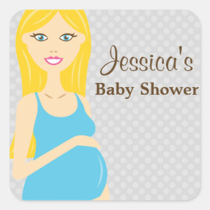 Sticker Carré Baby Shower Femme Enceinte Blonde En Robe Bleue