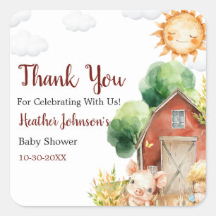 Sticker Carré Baby-Shower Ferme Aquarelle Mignon