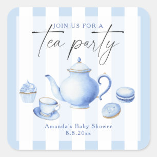 Sticker Carré Baby Shower Fête à Thé Bleue