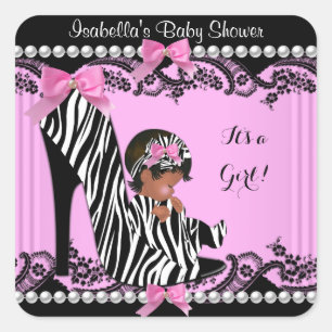 Sticker Carré Baby Shower Fille Afro-Américaine Rose Chaud Zèbre