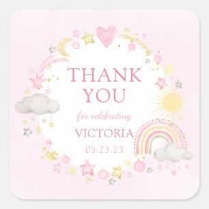 Sticker Carré Baby Shower Fille Arc-en-Ciel Aquarelle