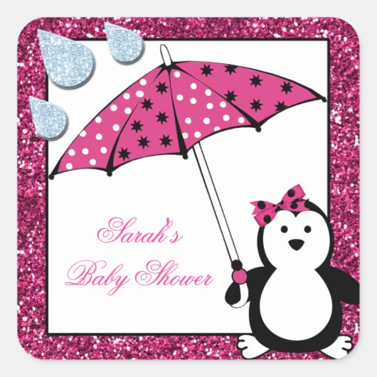Sticker Carré Baby shower fille Doodle Penguin (Devant)