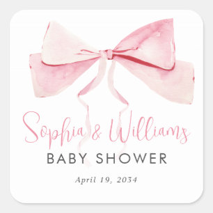 Sticker Carré Baby shower fille en ruban rose pâle Aquarelle Bow