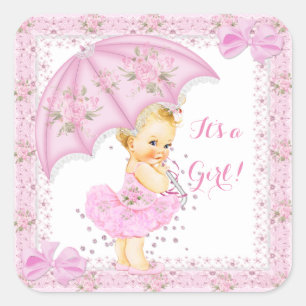 Sticker Carré Baby Shower Fille Floral Rose Blonde Saupoudrer