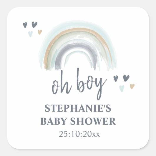 Sticker Carré Baby Shower Fille Garçon Bleu Boho Arc-en-Ciel Aut (Devant)