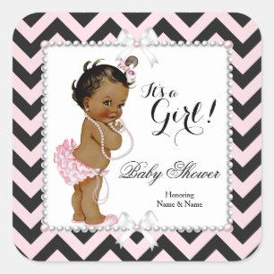 Sticker Carré Baby Shower Fille Rose Noir Rayure Blanche Ethniqu