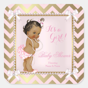 Sticker Carré Baby Shower Fille Rose Perle Or Chevron Ethnique