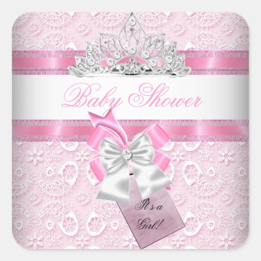Sticker Carré Baby shower fille rose princesse Tiara (Devant)