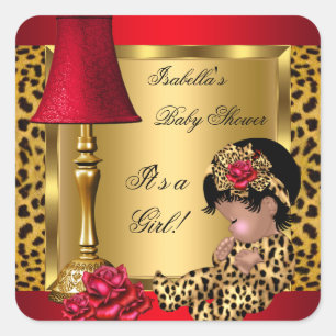 Sticker Carré Baby Shower Fille Rouge Or Roses Léopard AA