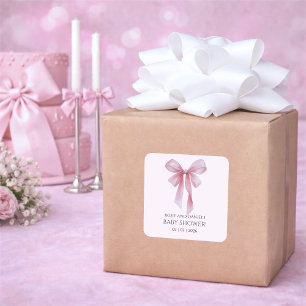 Sticker Carré Baby-Shower Fille Ruban Rose Tendre