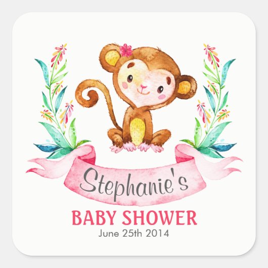 Sticker Carré Baby shower fille singe aquarelle (Devant)