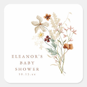 Sticker Carré Baby-Shower Fleur Sauvage Aquarelle Genre Neutre