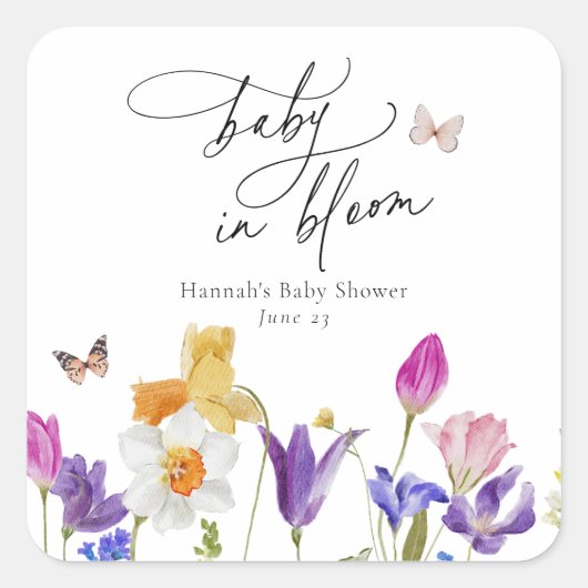 Sticker Carré Baby shower fleur sauvage Bloom (Devant)