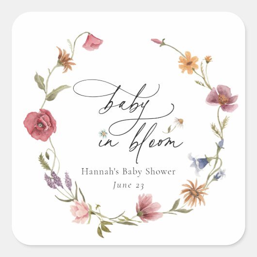 Sticker Carré Baby shower fleur sauvage Bloom (Devant)