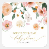 Sticker Carré Baby-Shower Fleurs de Pavot Rose (Devant)