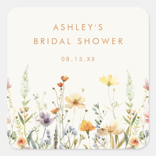 Sticker Carré Baby Shower Fleurs de Printemps Rustique (Devant)