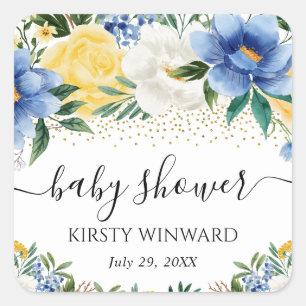 Sticker Carré Baby Shower Fleurs Jaunes et Bleu Aquarelle