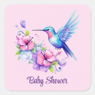 Sticker Carré Baby shower floral de colibri rose et pourpre