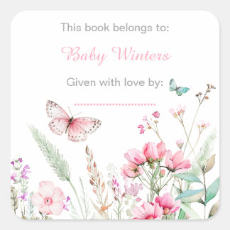 Sticker Carré Baby shower floral de papillon rose profond du pri