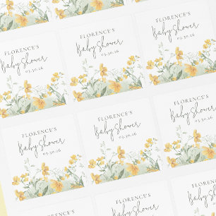 Sticker Carré Baby Shower Floral Jaune Élégant