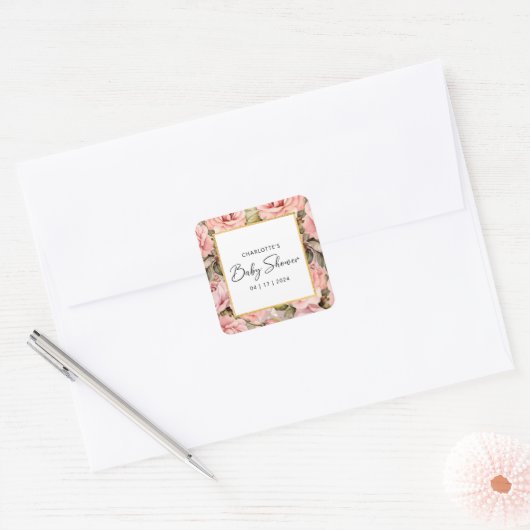 Sticker Carré Baby shower floral Rose (Enveloppe)