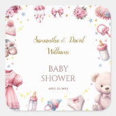 Sticker Carré Baby shower floral rose chéri (Devant)