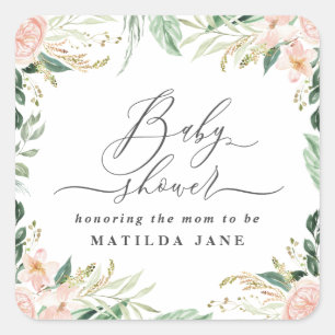 Sticker Carré Baby shower floral rose pâle