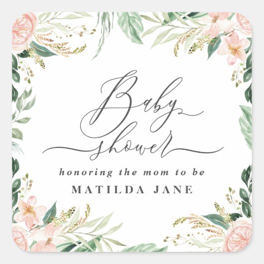 Sticker Carré Baby shower floral rose pâle (Devant)